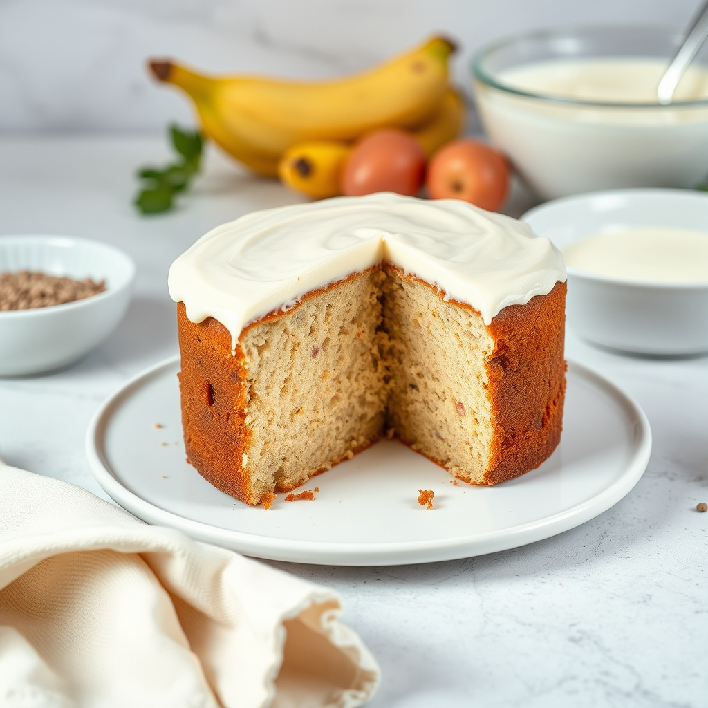 A moist vegan cake with creamy frosting, made using egg substitutes like bananas and flaxseeds, illustrating how vegan cakes replace eggs.