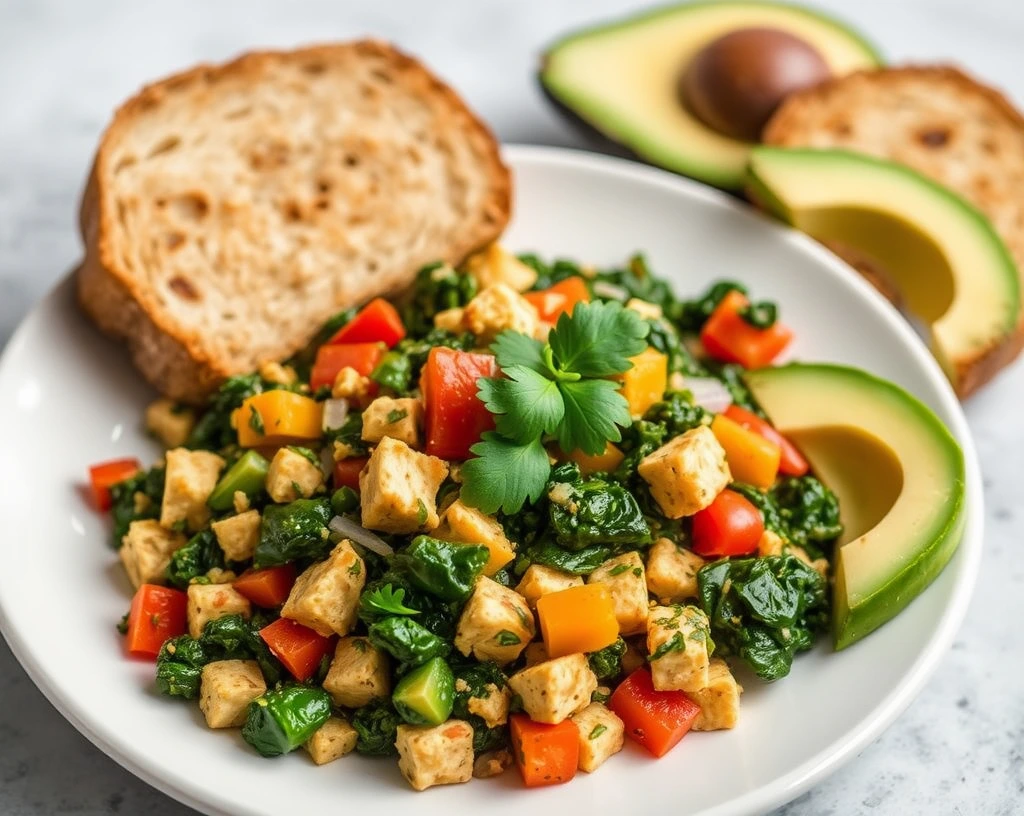 Vegan tofu scramble with spinach, bell peppers, and onions, served with whole-grain toast and sliced avocado on a white plate.