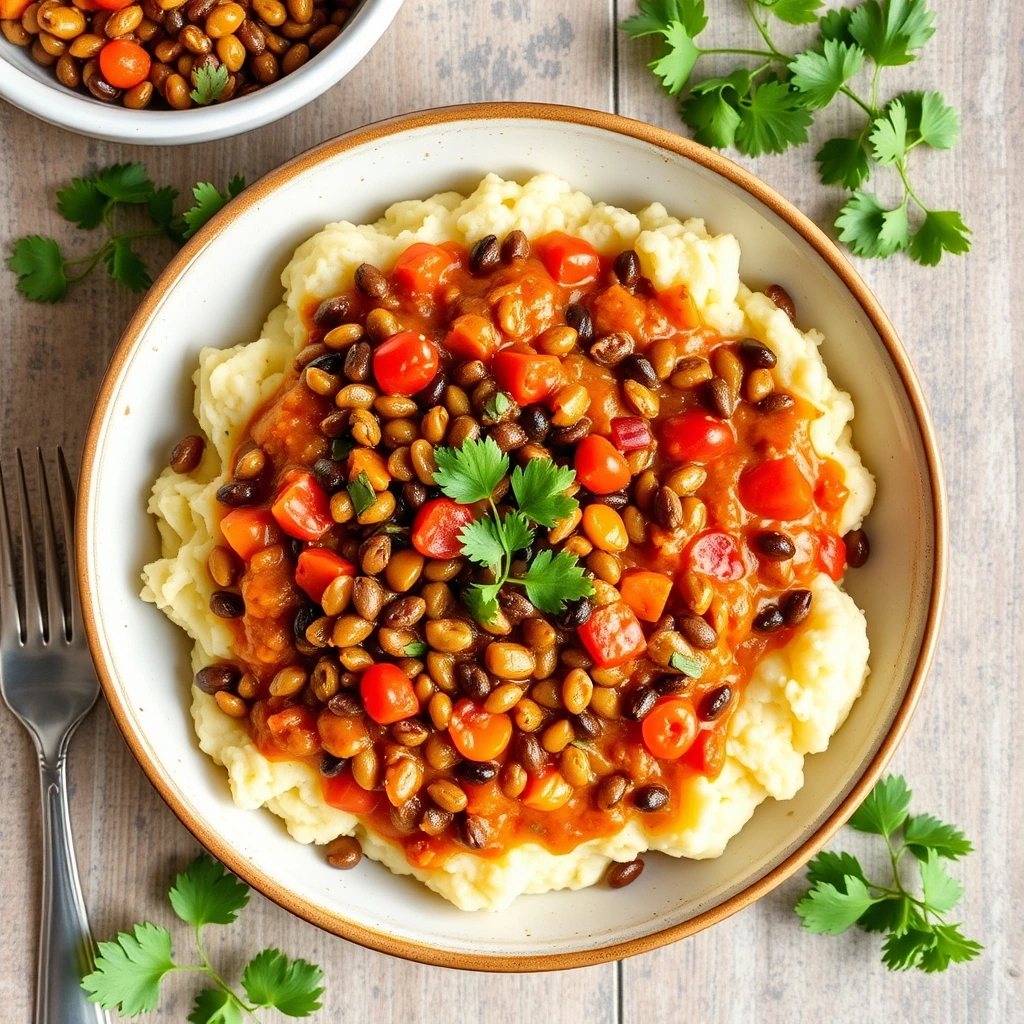 Classic vegan shepherd’s pie with lentils and mashed potatoes.