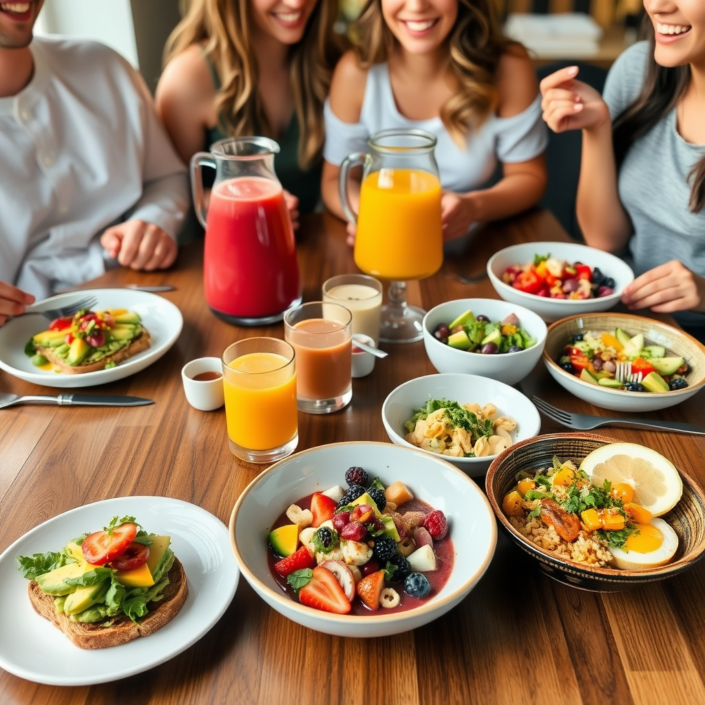 A brunch table filled with colorful vegan dishes, including avocado toast, smoothie bowls, and fresh juice, surrounded by smiling people.