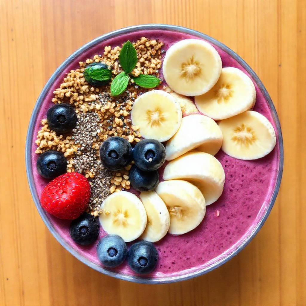 A vibrant smoothie bowl garnished with granola, fresh fruit slices, and chia seeds on a wooden surface.

