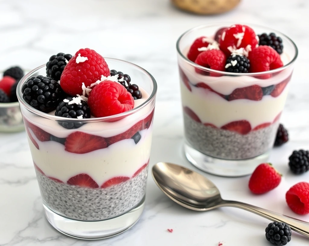 Layered vegan chia pudding with mixed berries, topped with fresh raspberries, blackberries, and shredded coconut in transparent glasses.