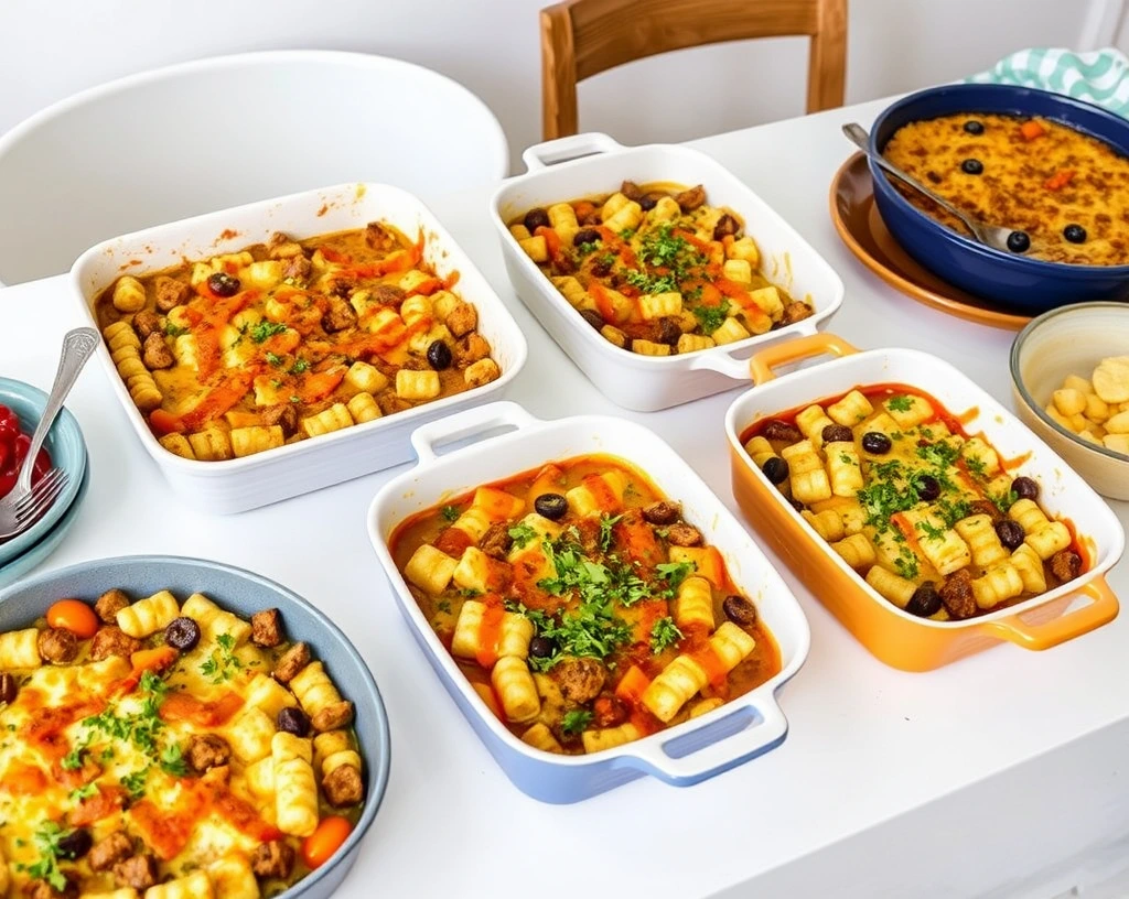 "Colorful vegan casseroles in ceramic dishes, ready to serve for dinner.