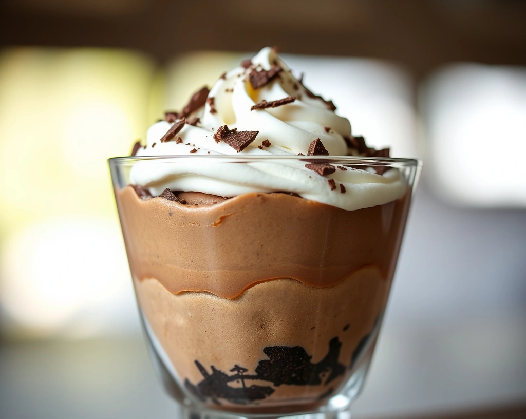 A glass dessert cup layered with rich chocolate mousse, fluffy whipped cream, and chocolate shavings, captured with soft natural light.