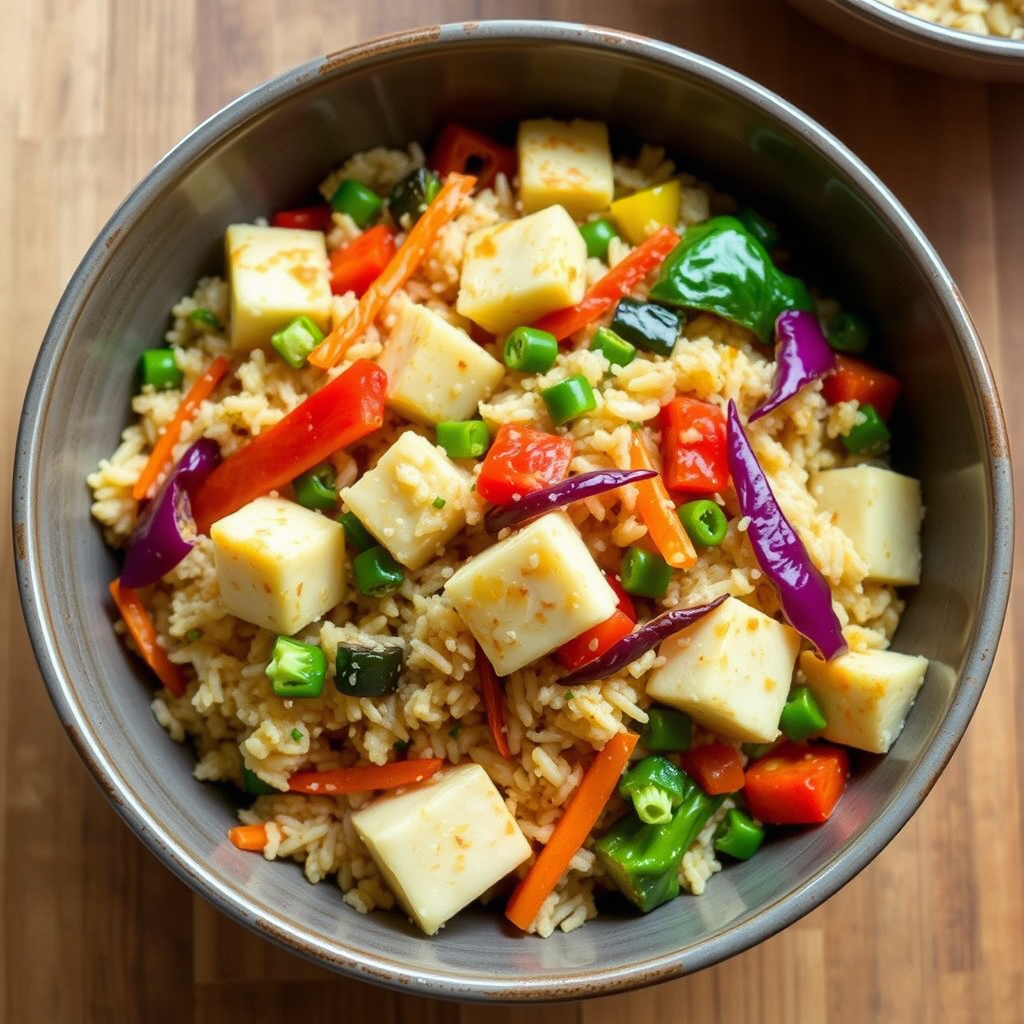 Cauliflower fried rice with veggies and tofu.