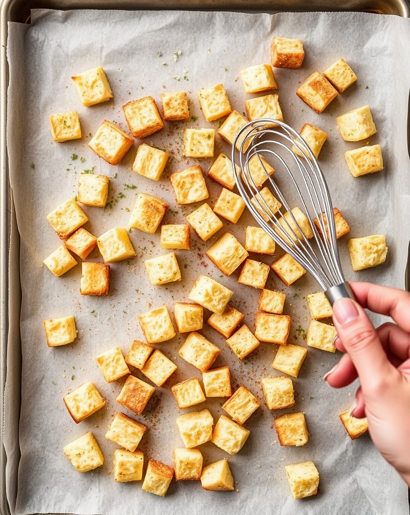 Homemade vegan croutons on a baking sheet with nutritional yeast and herbs, next to a whisk for seasoning.