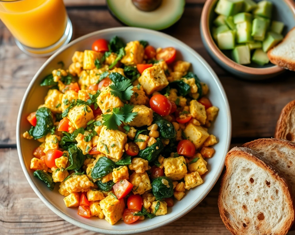 Golden tofu scramble with diced bell peppers, spinach, and tomatoes, served with toast on a rustic table setting