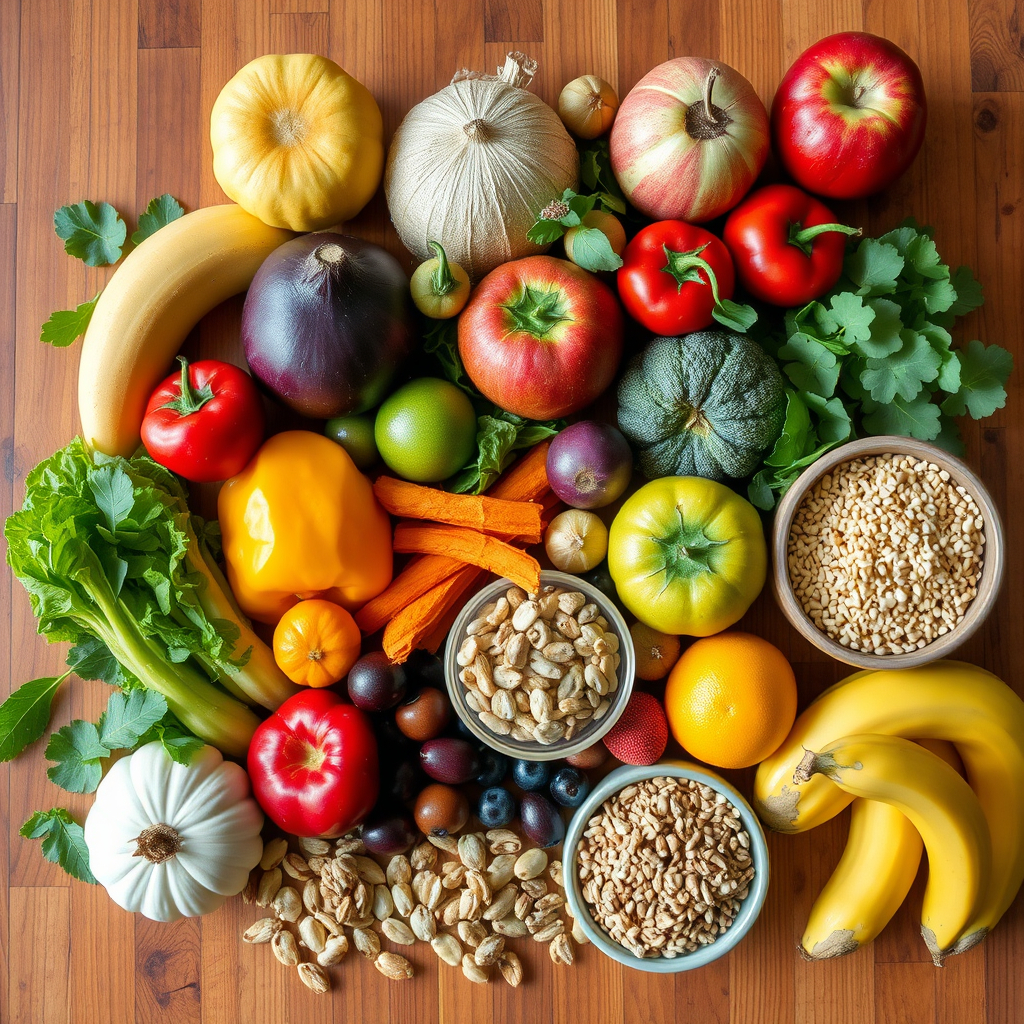 A colorful spread of fresh fruits, vegetables, nuts, and grains, representing a basic vegan diet.