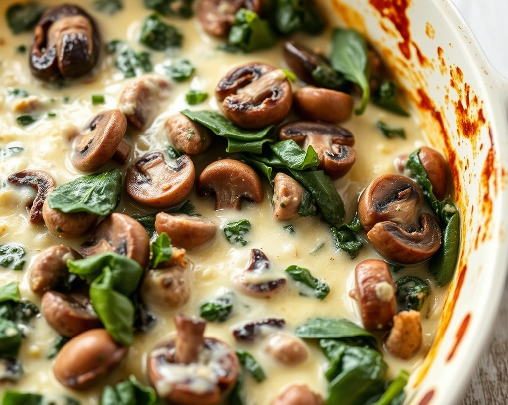 Creamy mushroom and spinach casserole with a golden crust, fresh from the oven.