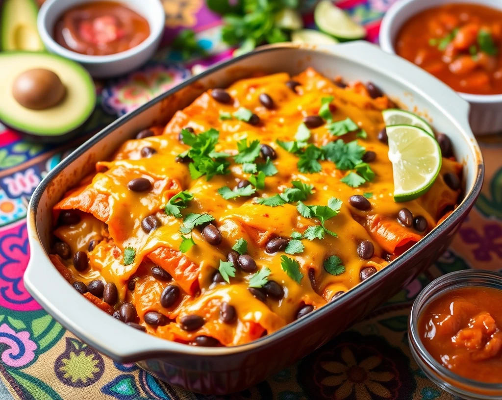 Mexican-inspired sweet potato and black bean enchilada casserole topped with melted cheese, garnished with fresh cilantro and lime wedges.