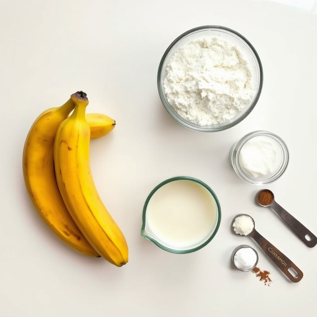 Flat lay of vegan banana bread ingredients, including ripe bananas, flour, plant-based milk, sugar, baking powder, and cinnamon on a clean kitchen counter.