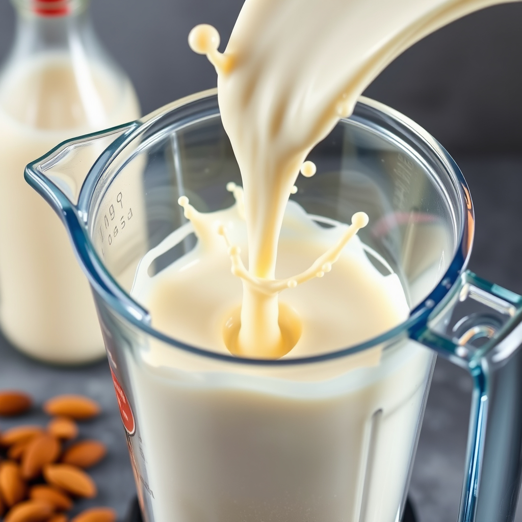 "Almond milk pouring into a blender, with a bottle of almond milk and a handful of raw almonds on a light kitchen counter.