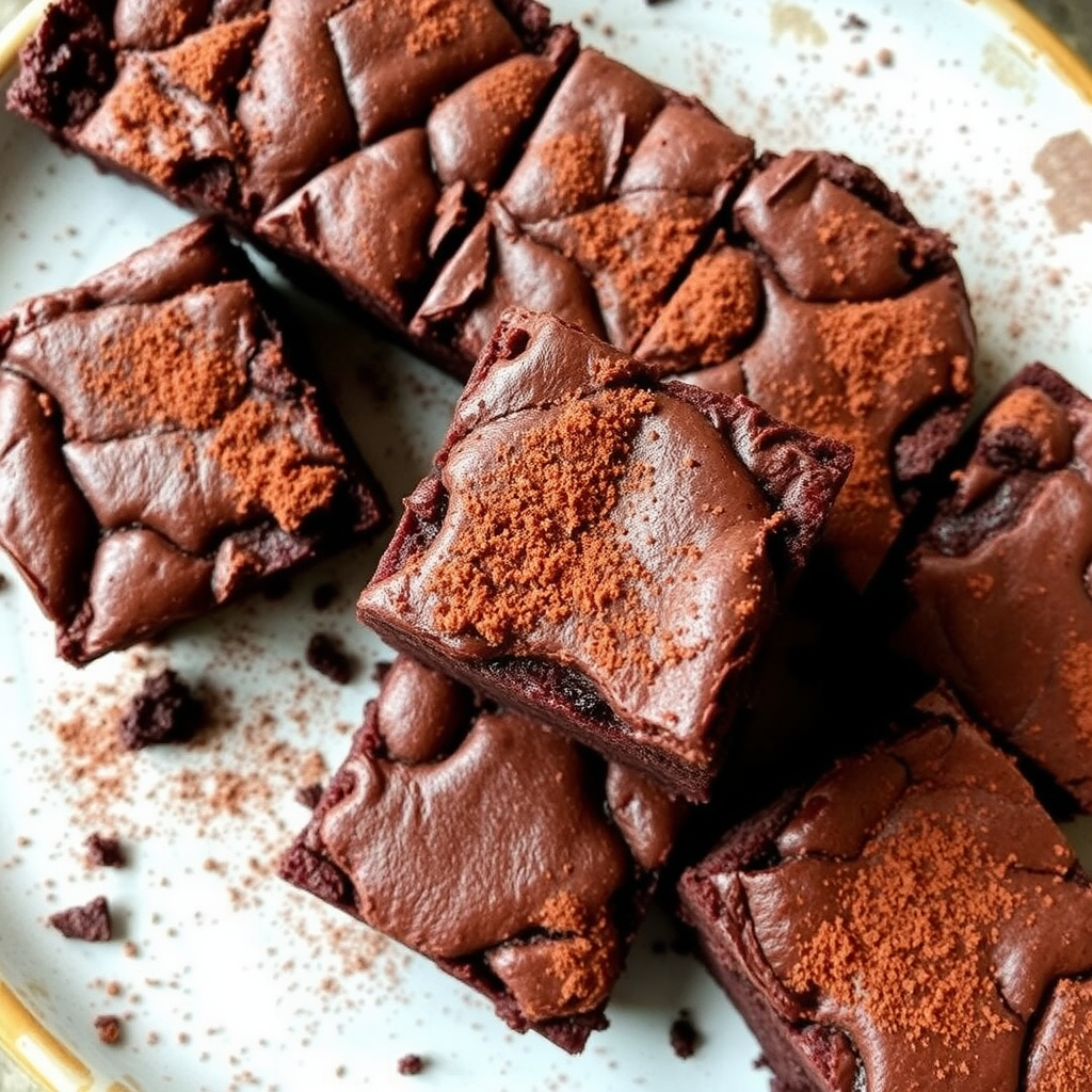  Fudgy vegan gluten-free brownies on a plate with cocoa powder.