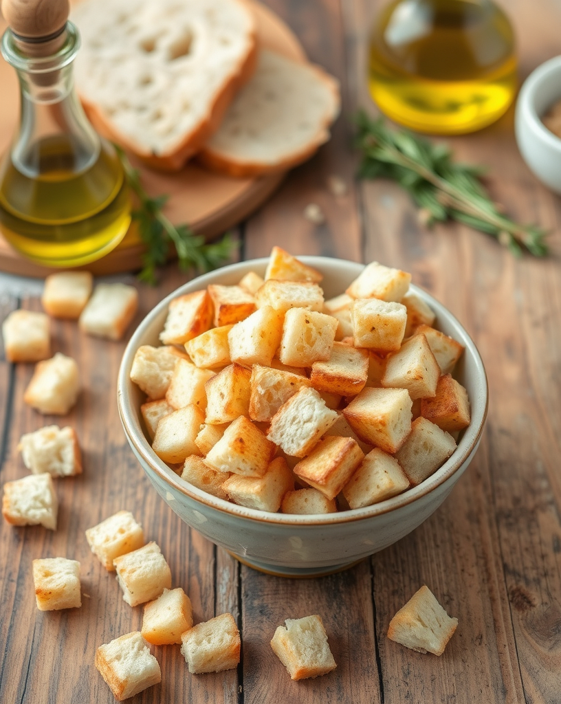 "Fresh homemade croutons in a bowl surrounded by bread, olive oil, and herbs on a wooden table.