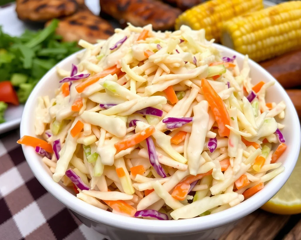 A bowl of creamy coleslaw made with shredded cabbage and carrots, topped with mayonnaise dressing. The dish is set on a picnic table with barbecue food in the background.