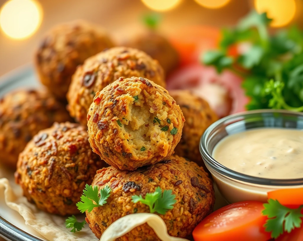 Golden-brown air-fried falafel balls served with parsley, tomatoes, and tahini sauce on a plate.