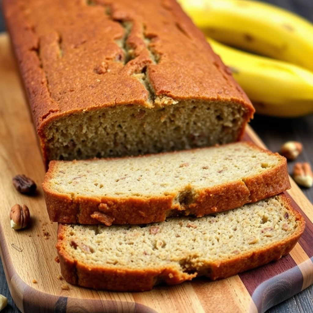 Freshly Baked Vegan Banana Bread on a Wooden Cutting Board