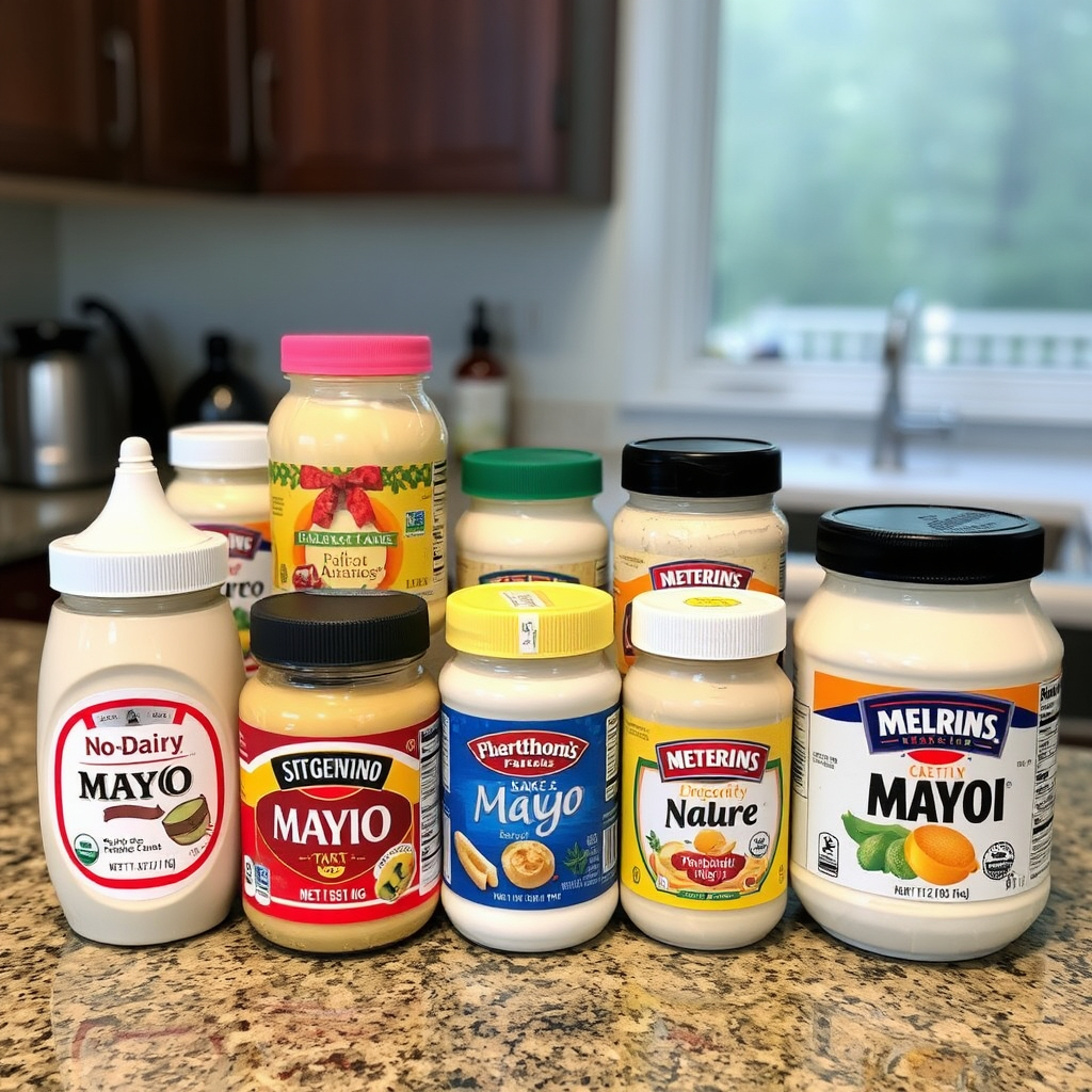 Jars of popular store-bought no dairy mayo brands displayed on a kitchen countertop."

These prompts and alt texts enhance visual appeal, support accessibility, and align with the content's focus.