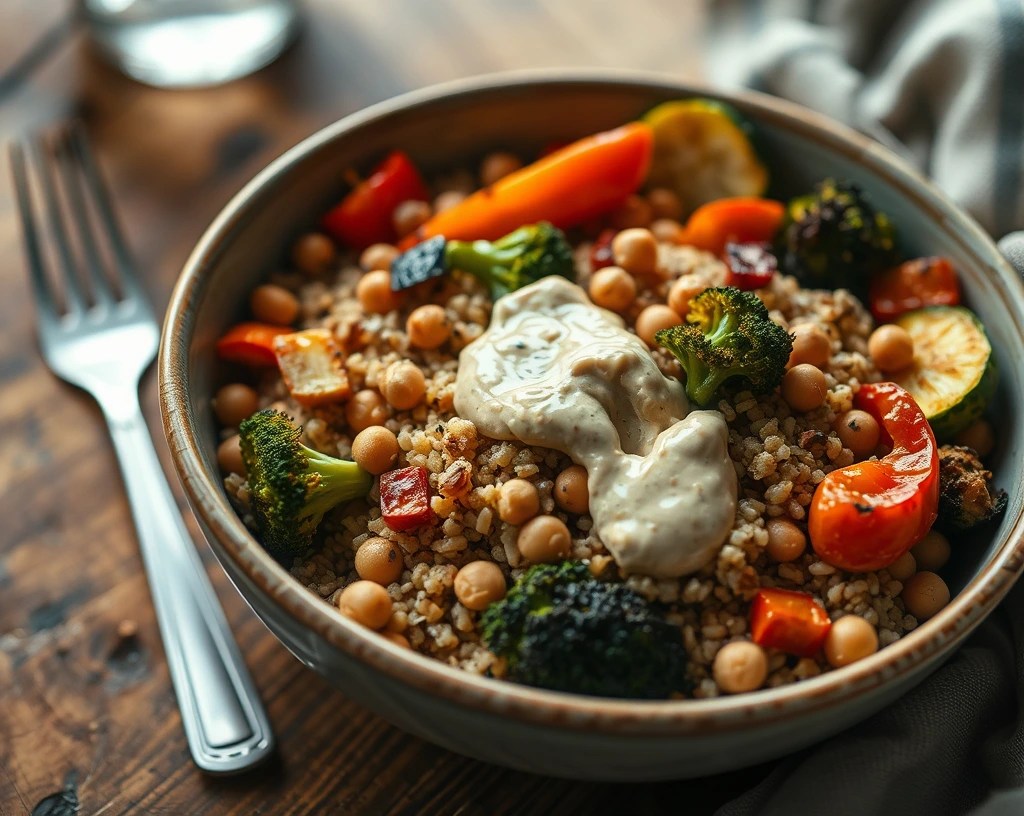 Quinoa bowl with roasted vegetables, chickpeas, and tahini dressing, arranged on a rustic wooden table with a fork and napkin nearby.