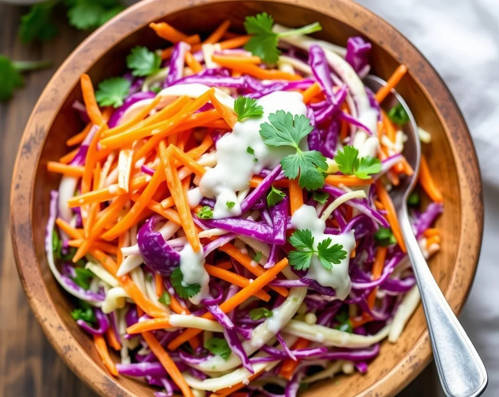 Vegan coleslaw in a rustic bowl on a wooden table, surrounded by fresh cabbage, carrots, and vegan dressing – colorful and healthy side dish.