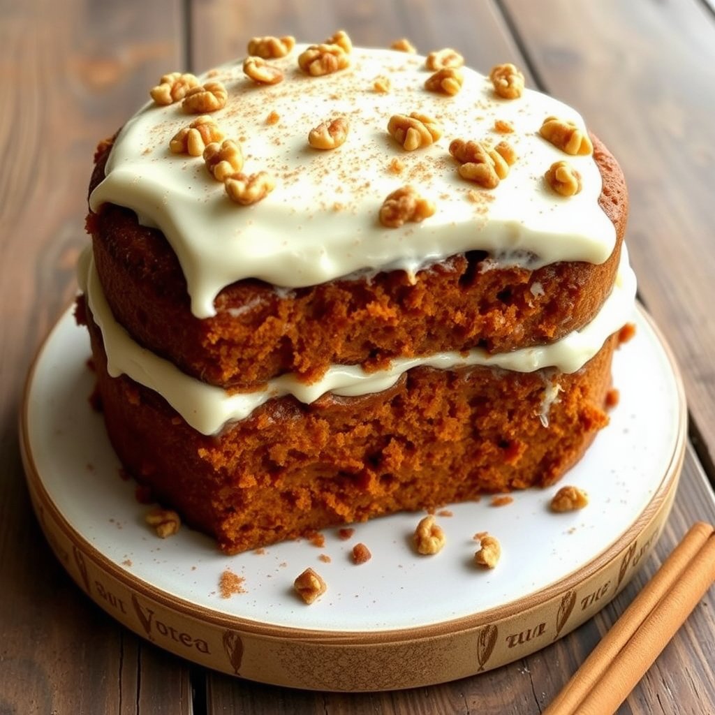 A moist vegan carrot cake with cream cheese frosting, sprinkled with chopped walnuts and cinnamon, styled on a rustic wooden table.