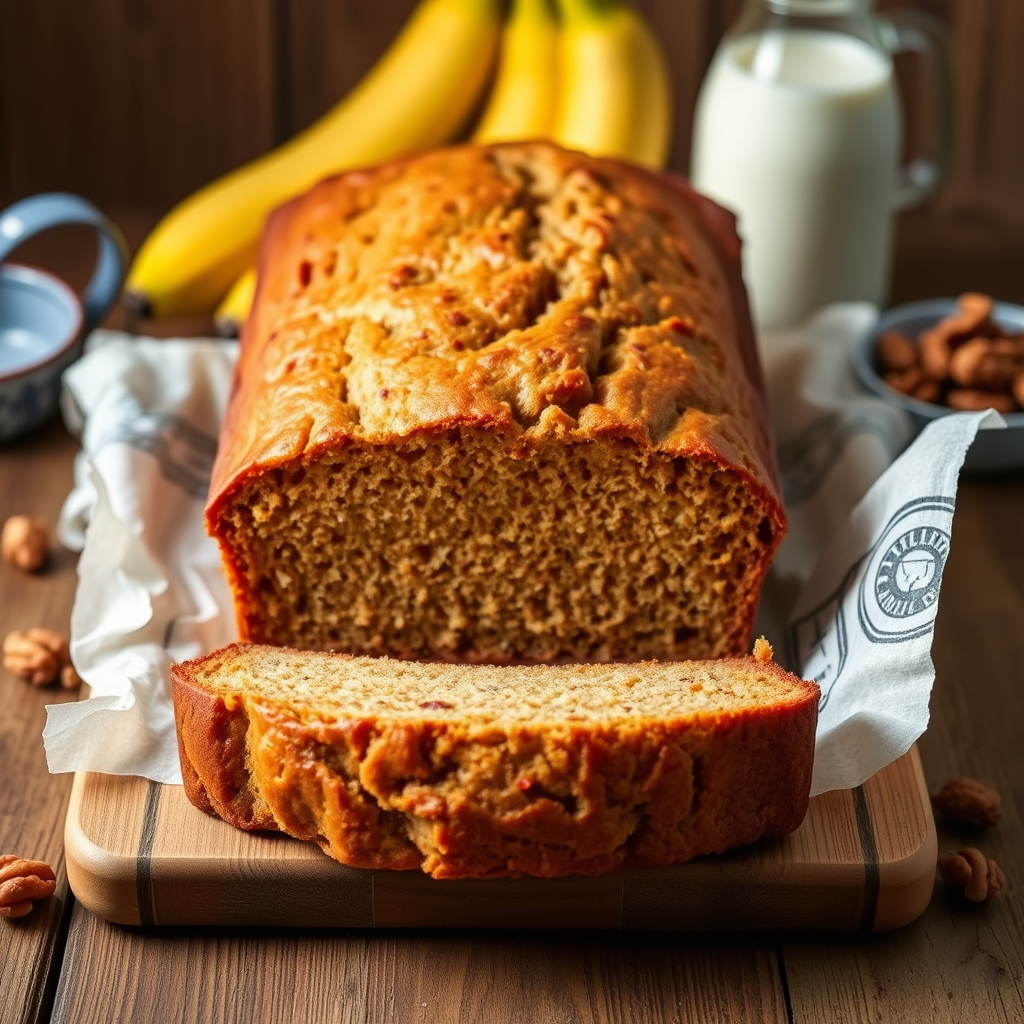 A golden loaf of vegan banana bread sliced to reveal its moist interior, surrounded by ripe bananas, almond milk, and walnuts on a rustic wooden table.