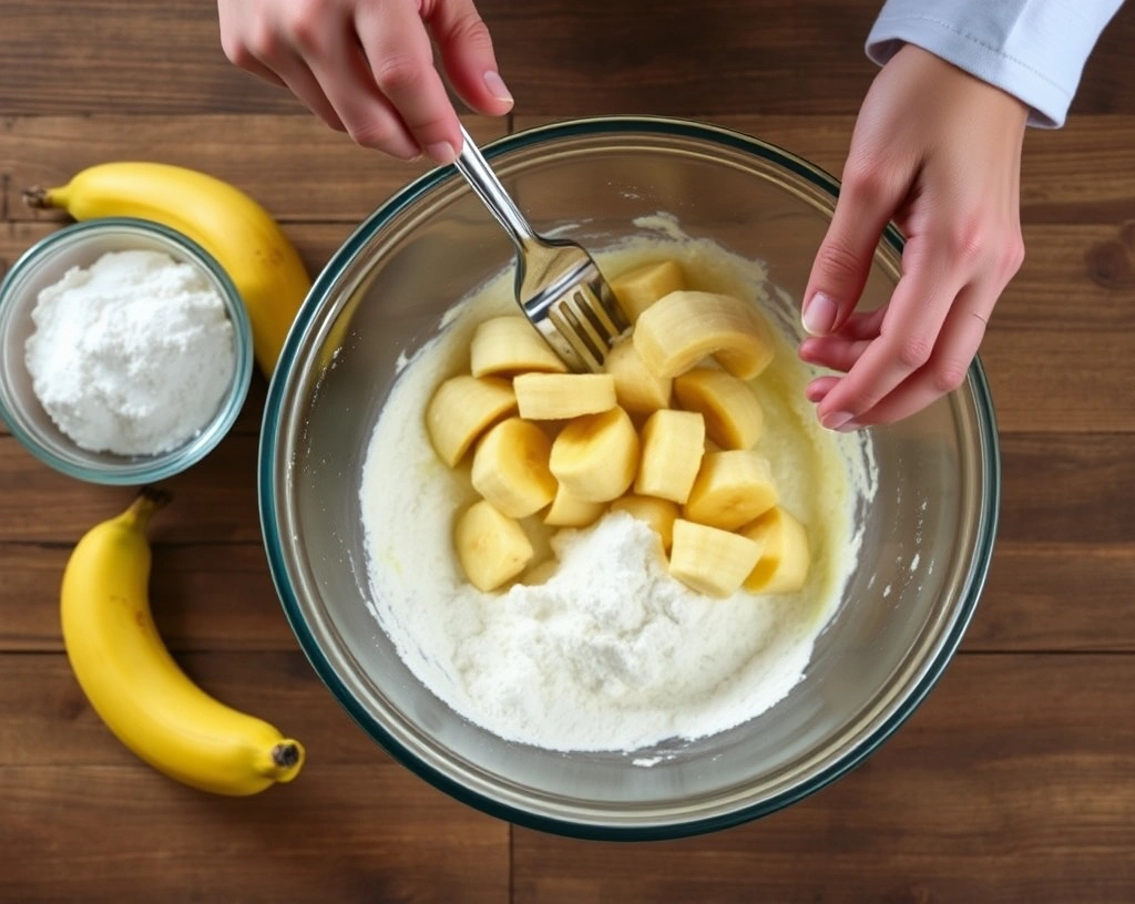 Hands mashing ripe bananas in a glass bowl, with flour and maple syrup on a wooden kitchen countertop.