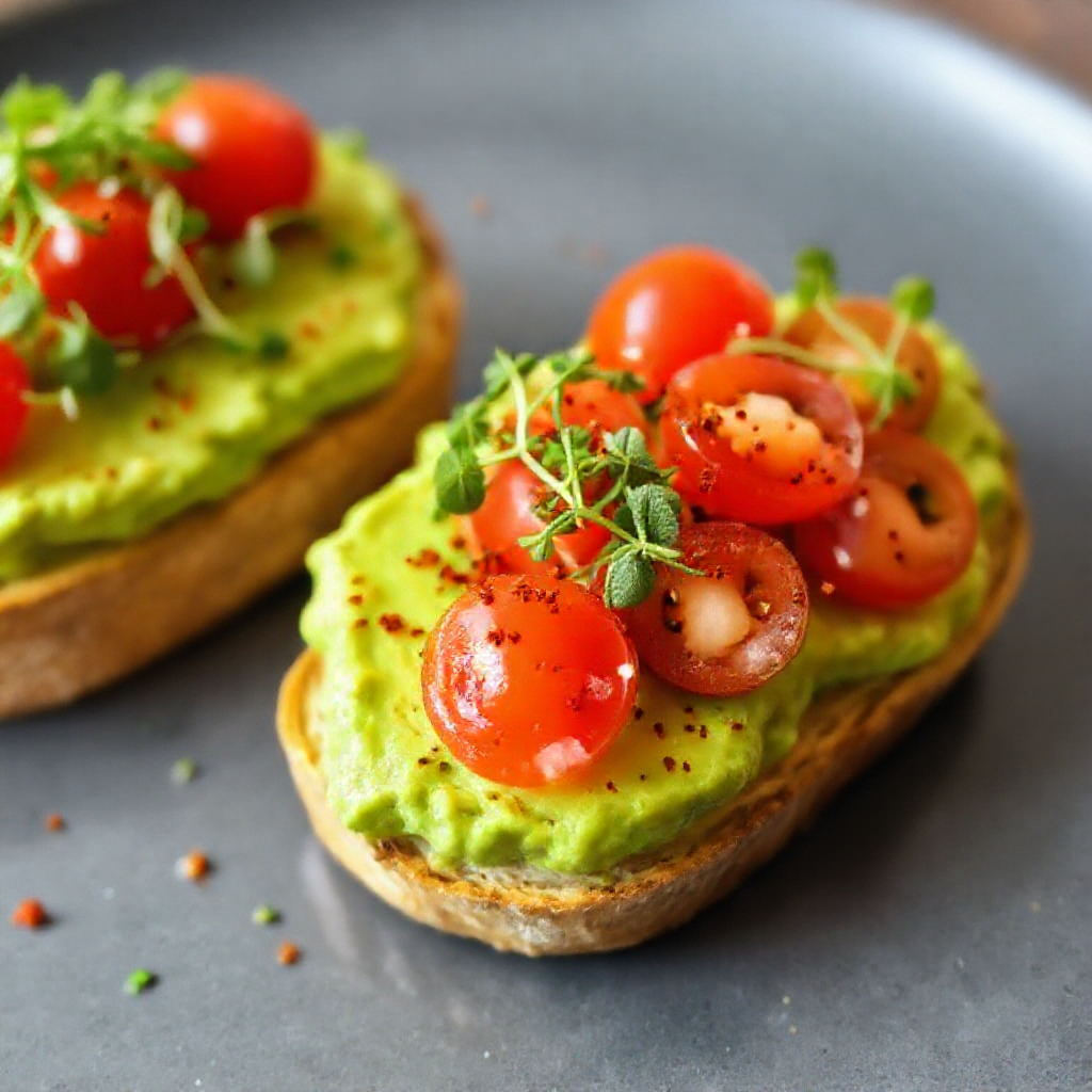 A slice of toast topped with mashed avocado, cherry tomatoes, microgreens, and chili flakes.