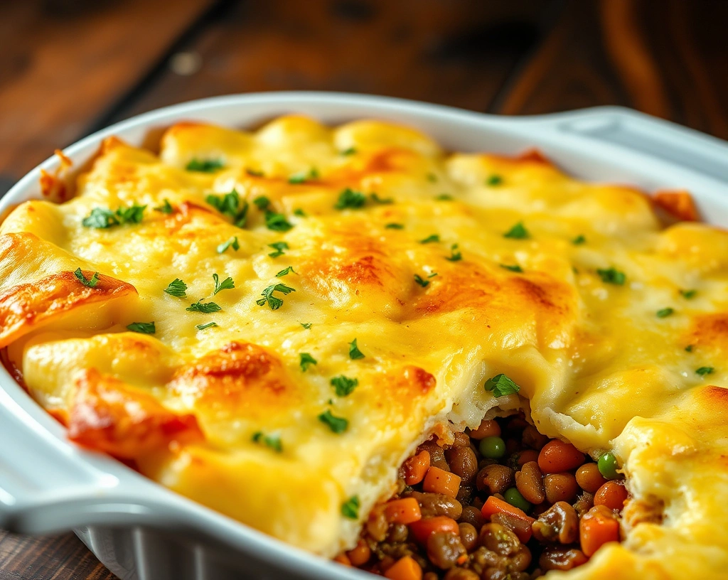 Vegan shepherd’s pie casserole with golden mashed potatoes, lentils, carrots, and peas in a white baking dish, garnished with parsley.