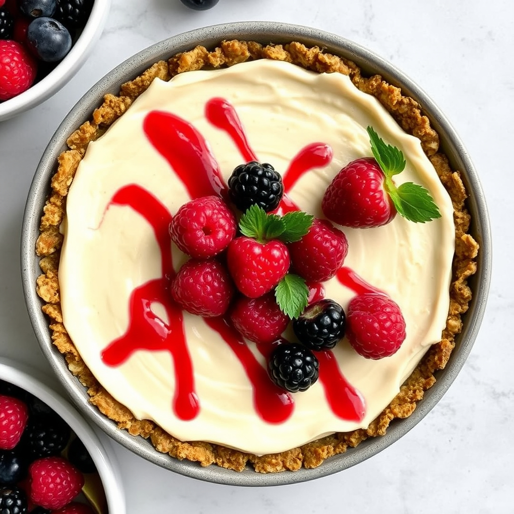  A creamy no-bake vegan cheesecake with a nut crust, topped with fresh berries and raspberry drizzle, served on a dessert plate.