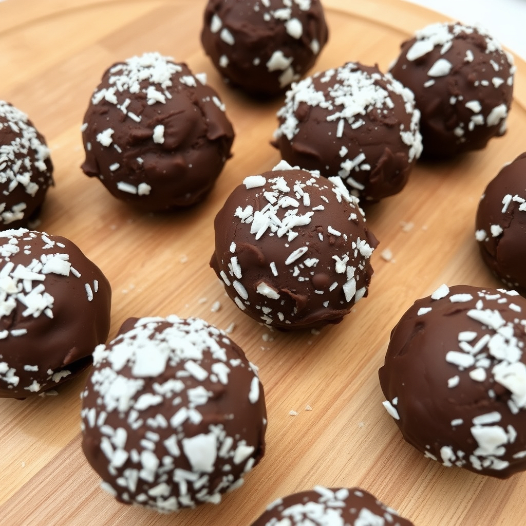 Vegan chocolate coconut energy balls on a wooden board.