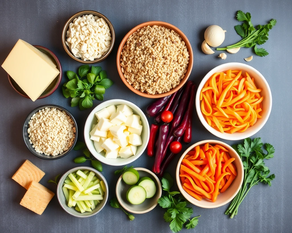 Top-down view of essential vegetarian casserole ingredients: grains, vegetables, and cheese.