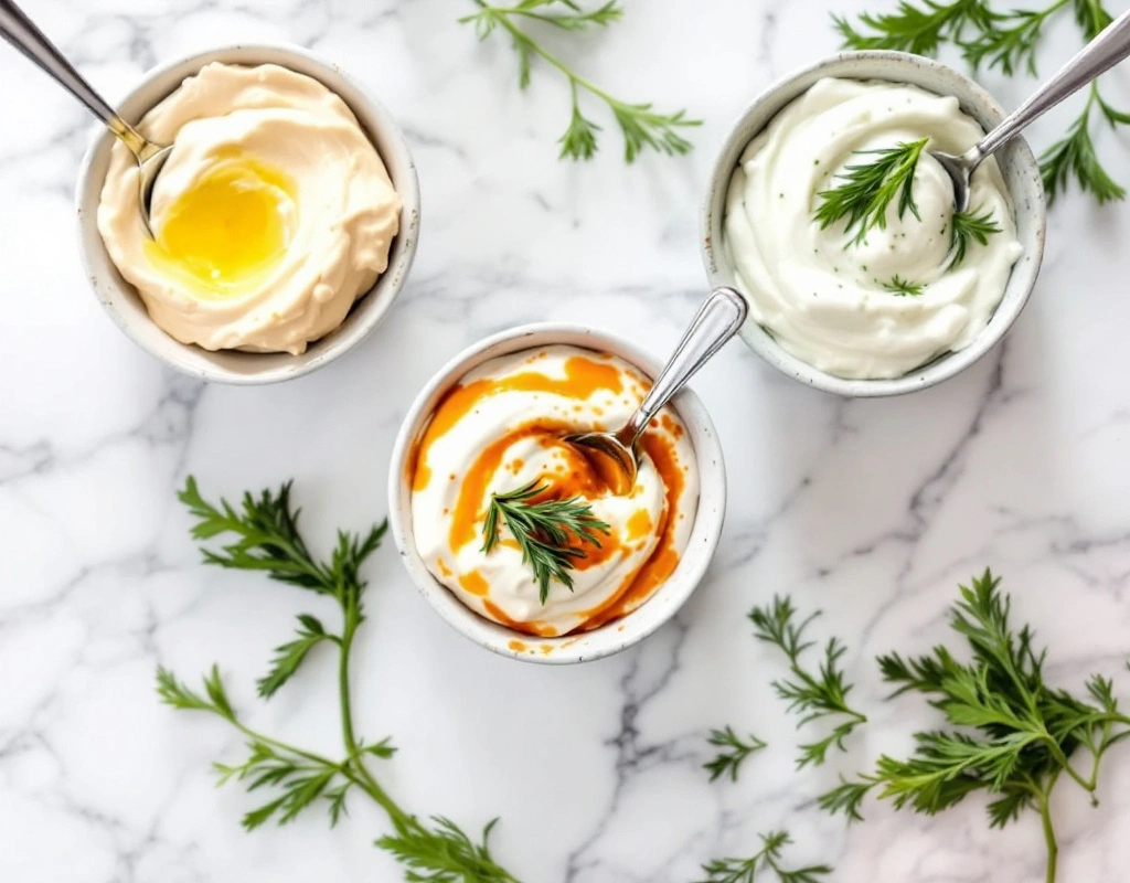 Three bowls of flavored vegan mayo: garlic, spicy, herb