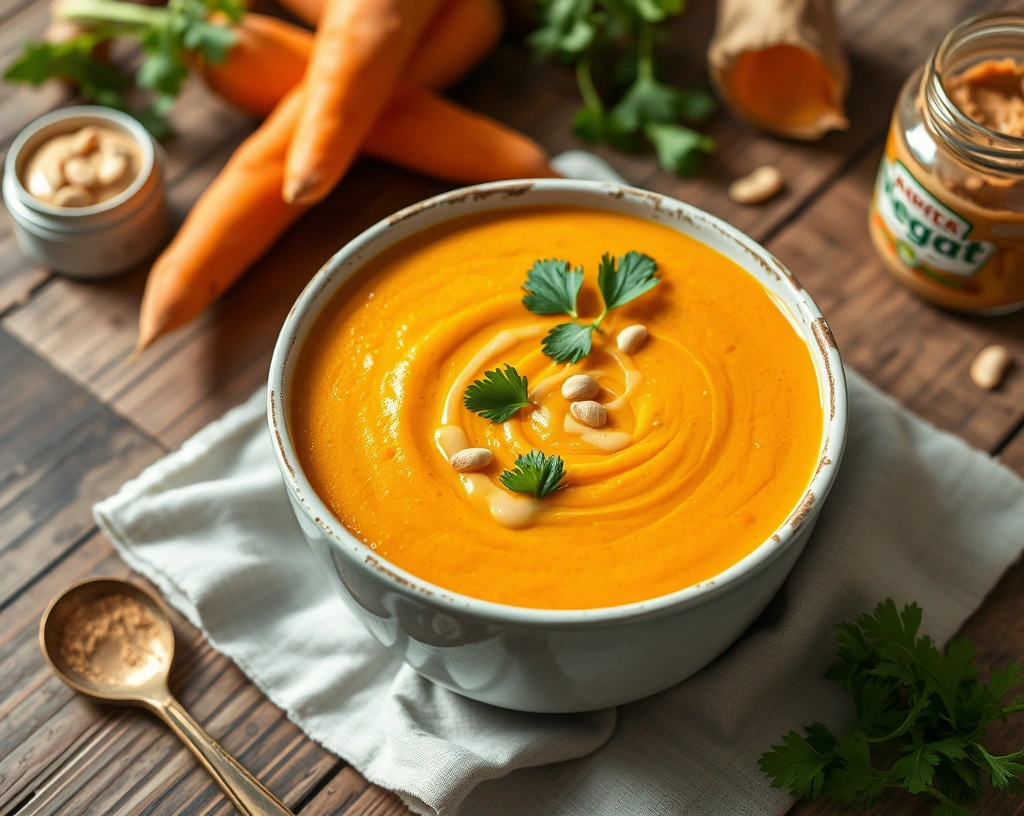 "Bright orange vegan pureed soup garnished with parsley, crushed peanuts, and a drizzle of peanut butter, served in a white bowl on a rustic table.