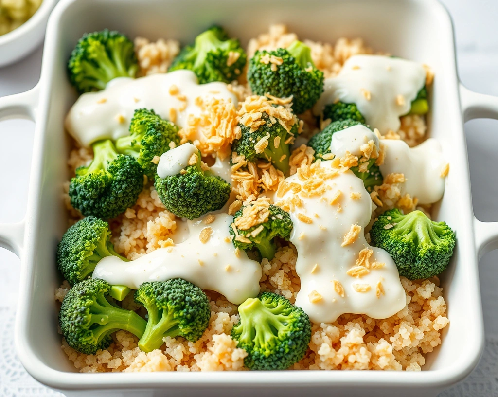 Quinoa broccoli bake with creamy sauce and golden topping in a white casserole dish.