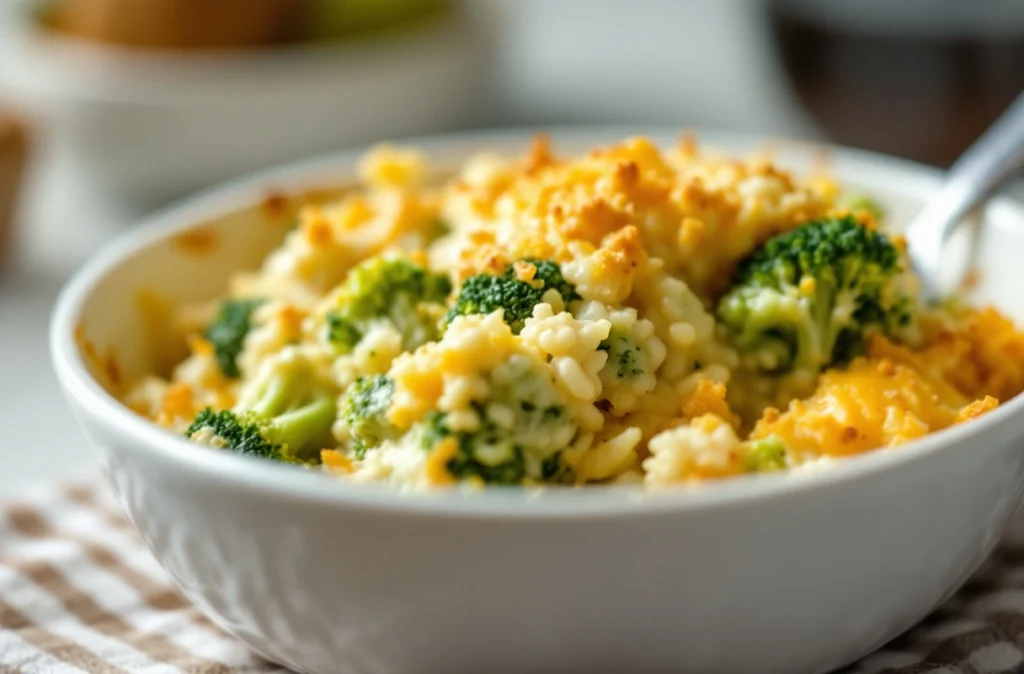Cheesy broccoli and rice casserole served in a white dish