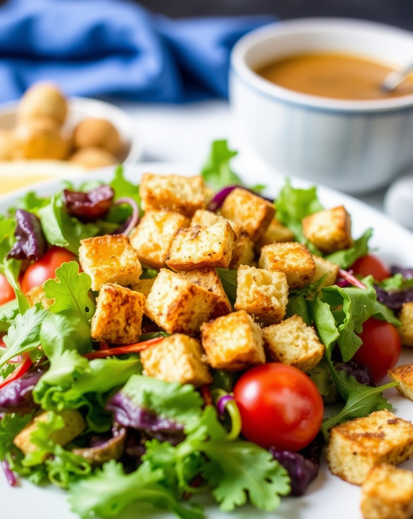 Crunchy homemade croutons on a salad and soup bowl, emphasizing their versatility as a topping.