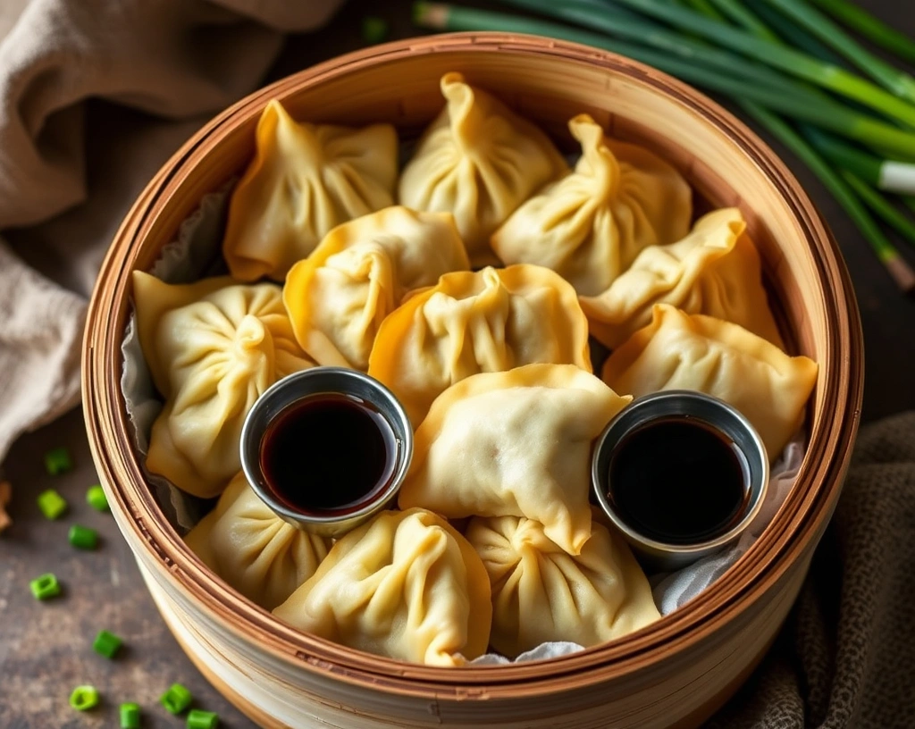 Steamed vegan kabocha squash dumplings in a bamboo basket, with soy sauce and chili oil dips, garnished with green onions.