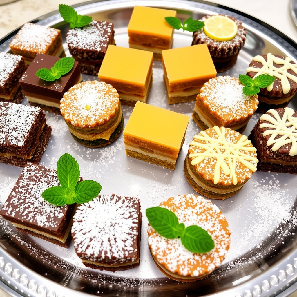 A platter of assorted vegan cake slices, including chocolate, carrot, and lemon drizzle, garnished with mint leaves and powdered sugar.