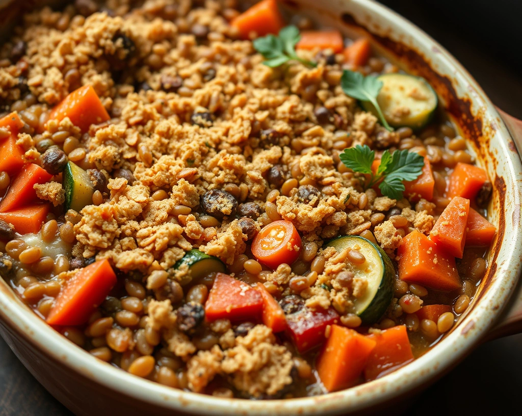 A hearty lentil and vegetable casserole with lentils, carrots, zucchini, and tomatoes, topped with a savory vegan breadcrumb crust.