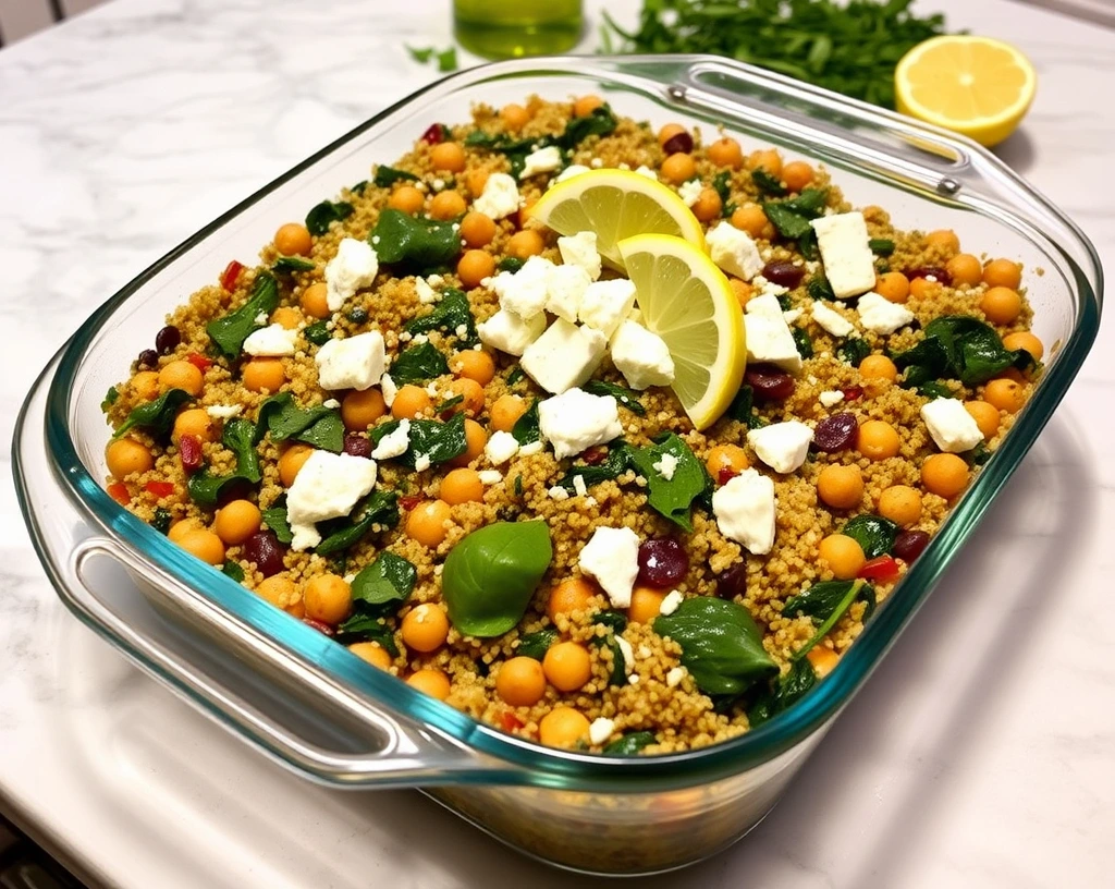 A Mediterranean chickpea and quinoa casserole with spinach, artichokes, and feta cheese in a glass dish, garnished with lemon wedges.