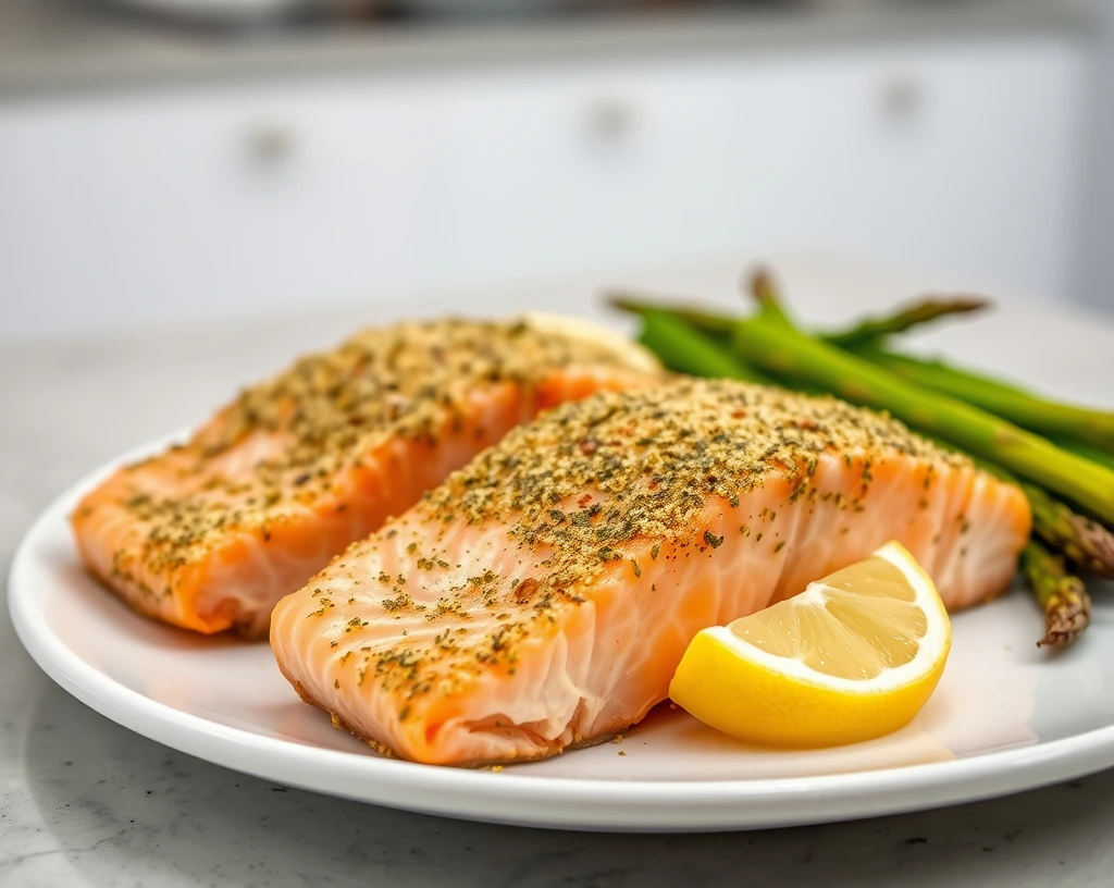 Golden herb-crusted salmon fillets served with lemon wedges and air-fried asparagus on a white plate.