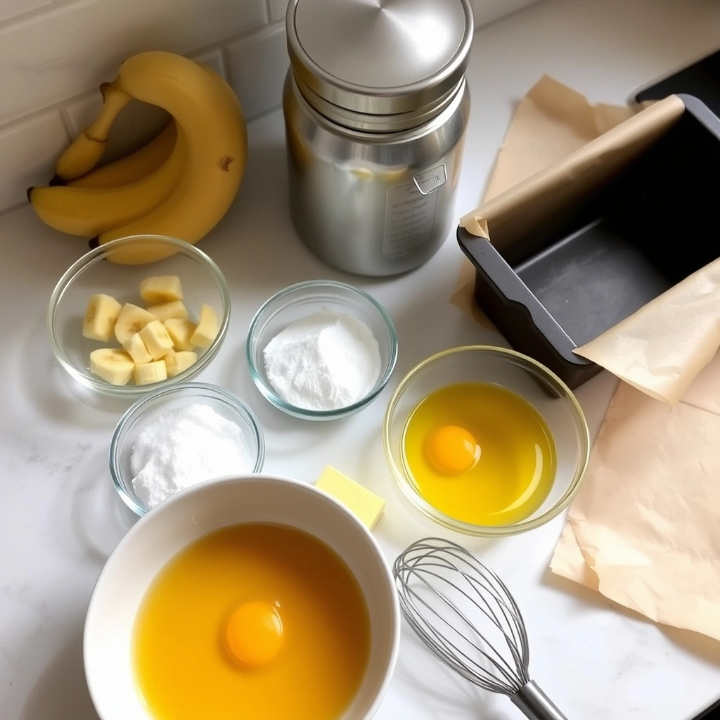 Ingredients for moist banana bread on a kitchen countertop, including mashed bananas, eggs, butter, sugar, flour, and a whisk, ready for mixing.