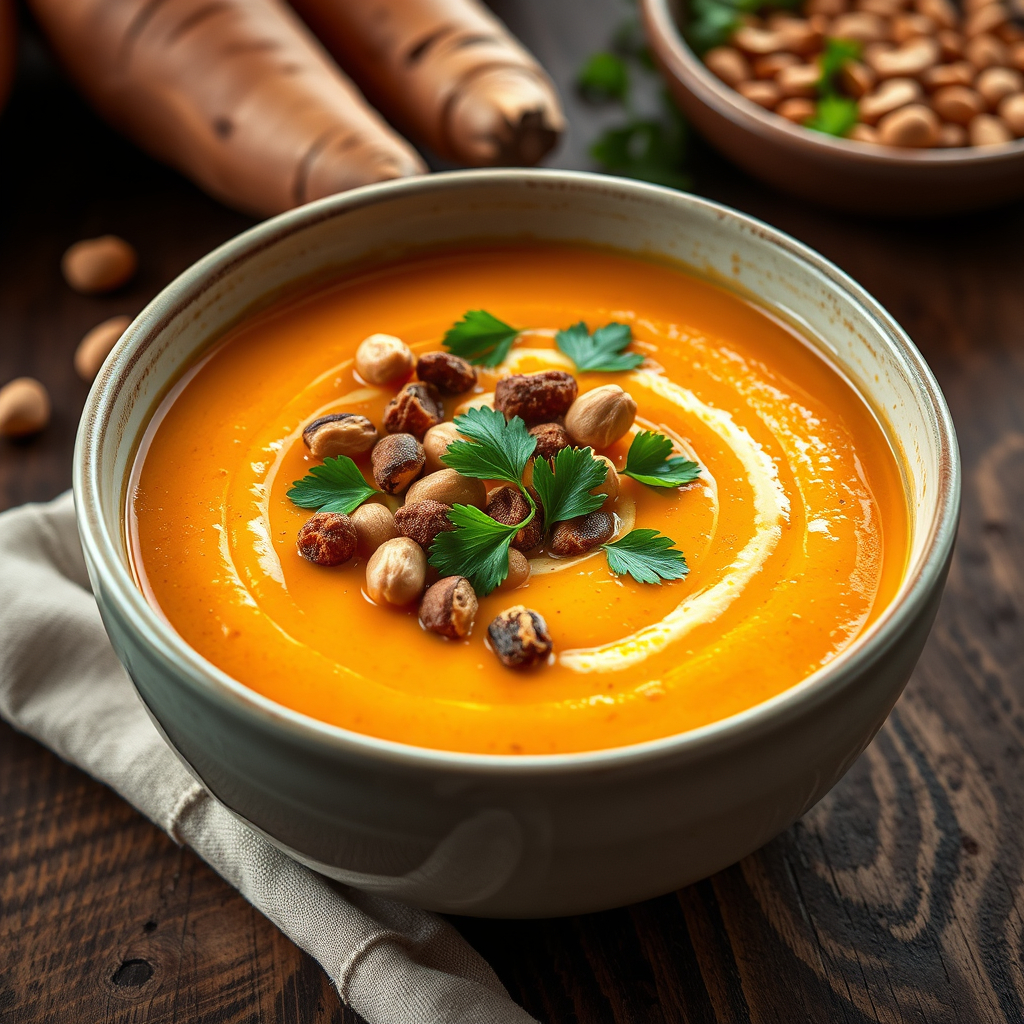 Vegan pureed sweet potato soup recipe with easy peanut variation.