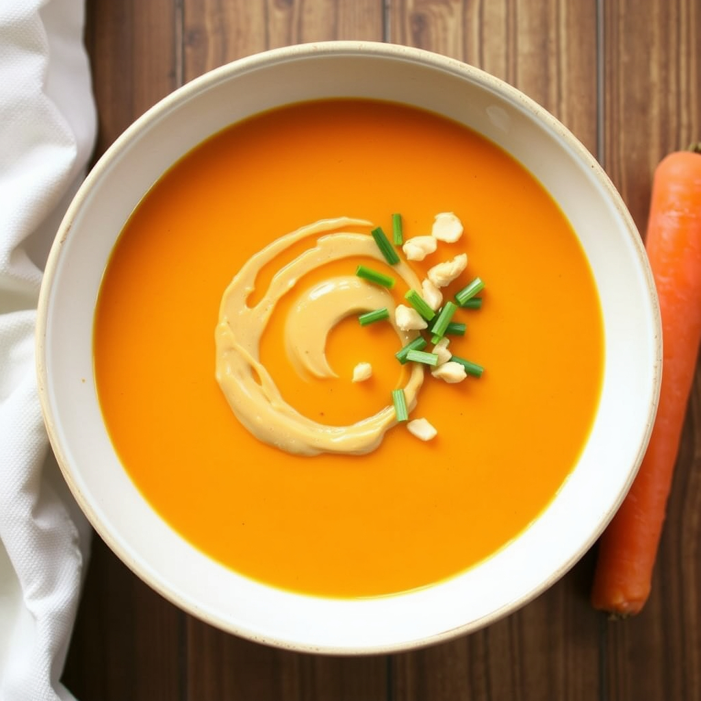  Creamy carrot and peanut butter soup recipe, perfect for vegan diets.