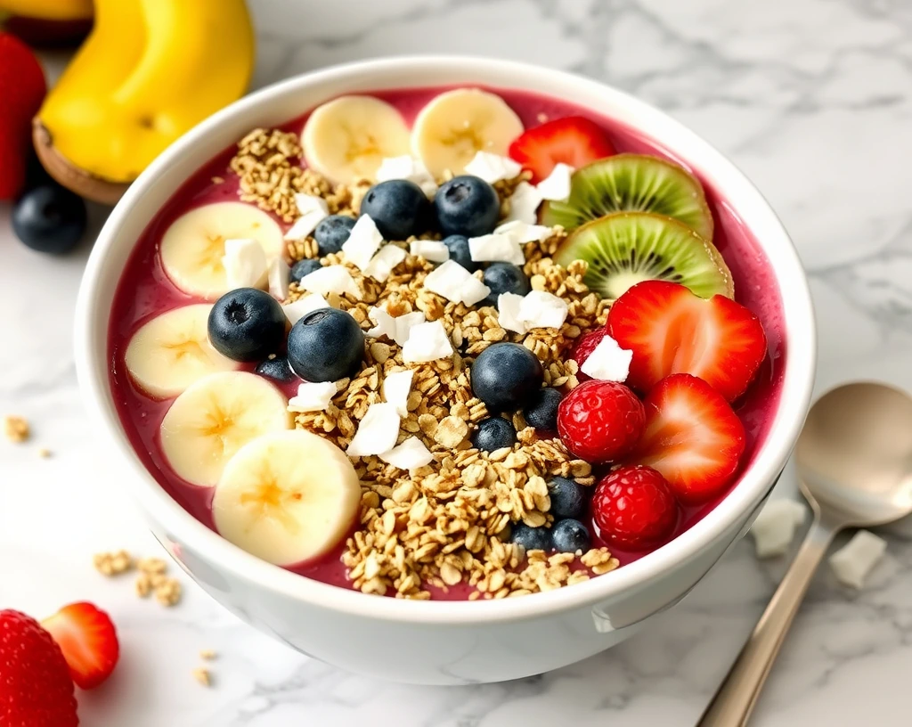 Vegan smoothie bowl topped with granola, chia seeds, coconut flakes, and fresh fruit slices on a marble countertop.