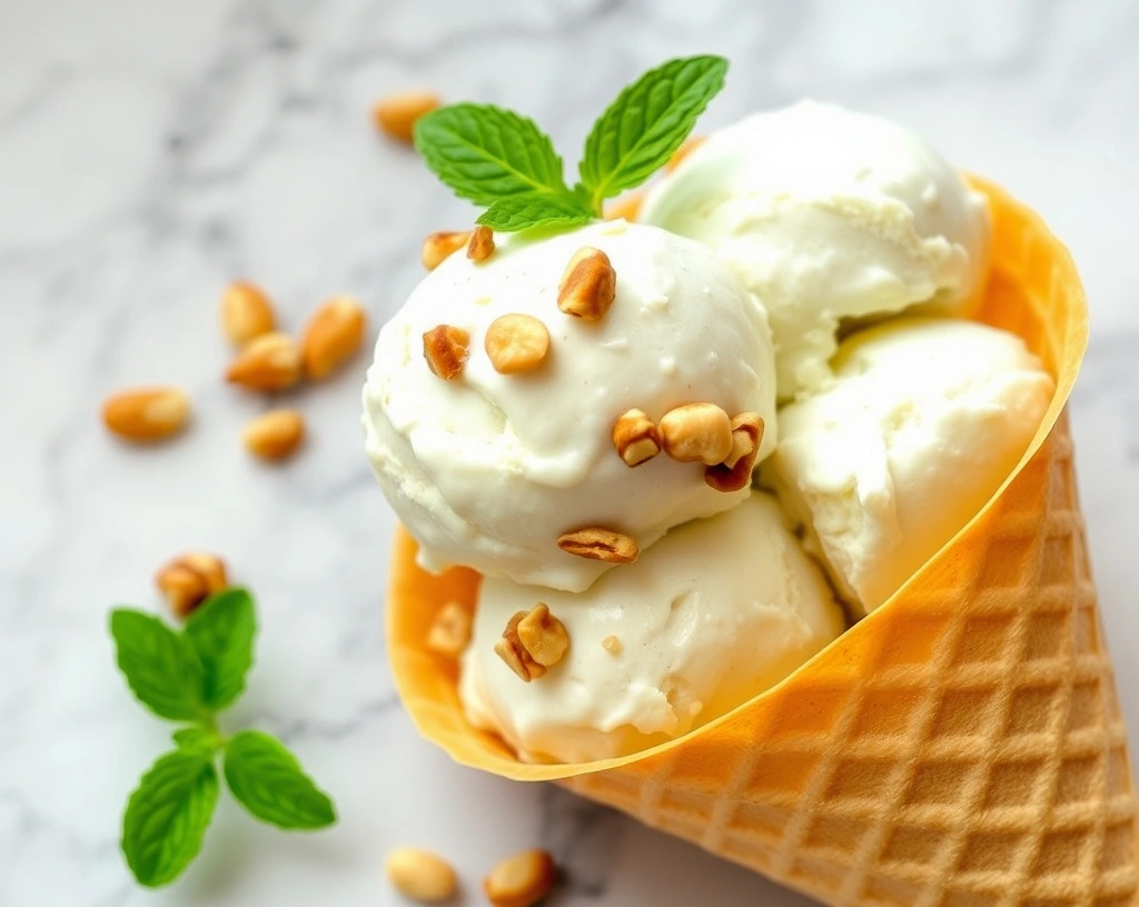 Cottage cheese ice cream in a waffle cone, garnished with nuts and mint.