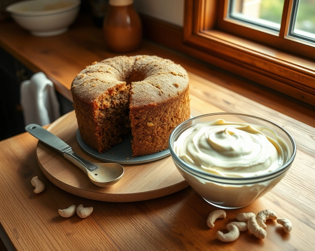 Cozy kitchen with a carrot cake and creamy cashew frosting ready to be spread.