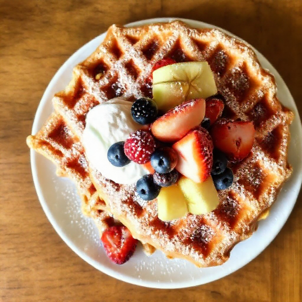 A plate of vegan waffles sprinkled with powdered sugar, topped with fresh fruit, and served with maple syrup.

