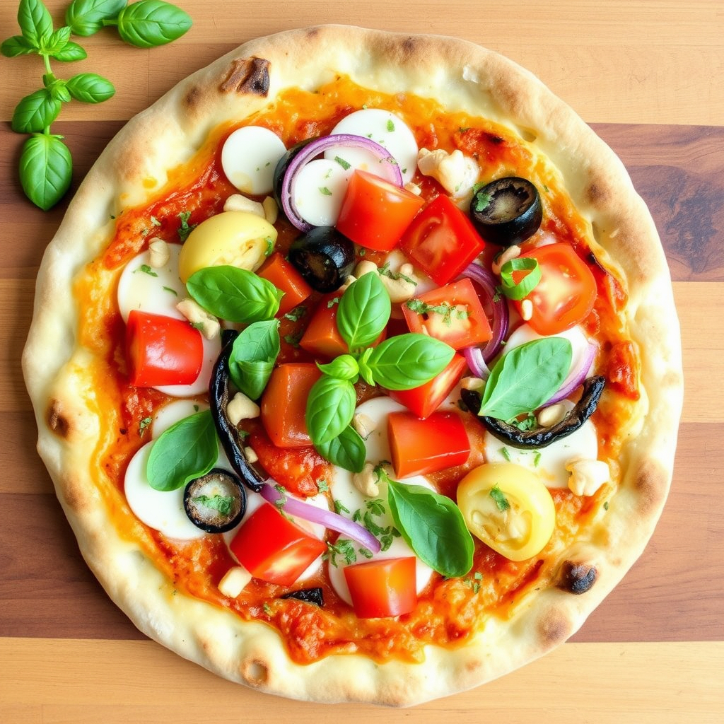 Gluten-free vegan pizza with cashew cheese, vegetables, and basil.